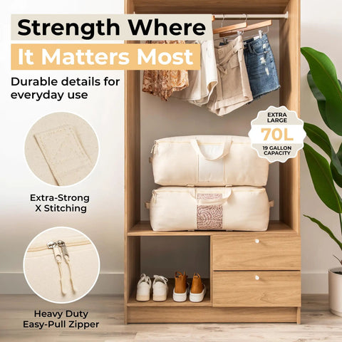 Top Notch Canvas Storage Bags With Heavy Duty Zipper. Thick Breathable Comforter And Quilt Organizer For King Queen Beds. Four Solid Handles And Viewing Window. Hella Roomy Linen Sack For Sheets, Blankets, Dorm Essentials, And Closet Cleanup.
