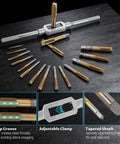 86pc Tap And Die Set For Threading SAE And Metric Sizes M3 To M16 Pro Grade Tool Kit, taps displayed in a circle with wrench