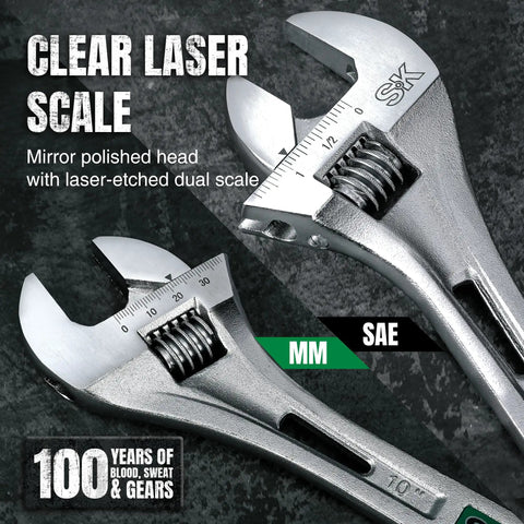 10 Inch Adjustable Wrench With 1-7/16 Inch Jaw Opening Chrome Vanadium Steel Rust Resistant Heat Treated Finish SAE And Metric Scales Durable Cr-V Construction Ideal For Mechanics And DIYers showing laser-etched dual scale on mirror polished head.
