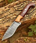 Custom Handmade Damascus Fixed Blade Knife 10 Inch With Rosewood And Olive Wood Handle on wooden surface