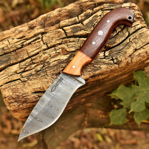 Custom Handmade Damascus Fixed Blade Knife 10 Inch With Rosewood And Olive Wood Handle on wooden surface
