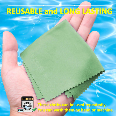 Green microfiber cleaning cloths held in a hand; reusable for cleaning screens and eyewear.