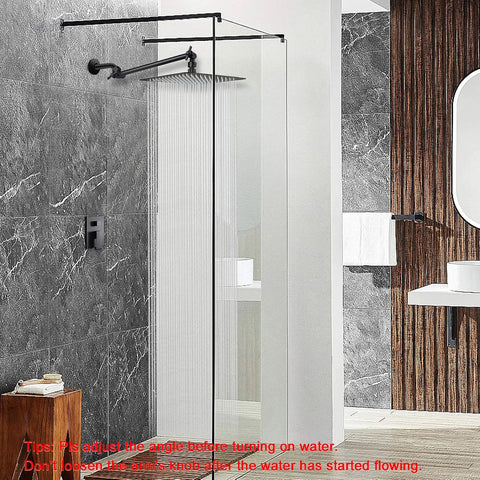 12 Inch Matte Black Rain Shower Head With 11 Inch Adjustable Extension Arm installed in modern bathroom