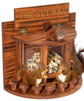 Crescent Wooden Squirrel Feeder Table with squirrels, transparent sides, sturdy stool bars, wall-mounted, outdoor use