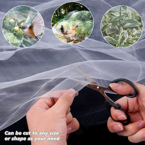 Ultra Fine Garden Netting For Insects And Birds Keeps Bugs And Critters Out While Letting Air Light And Water In Large 4x25 Ft Mesh Plant Cover being cut with scissors
