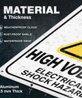 Heavy Duty High Voltage Danger Sign 7X10 Reflective Aluminum Plate 2 Pack Rust Resistant Electrical Warning Labels Industrial Grade Built Tough As Nails Zero Hassle Setup with water droplets and details on thickness.