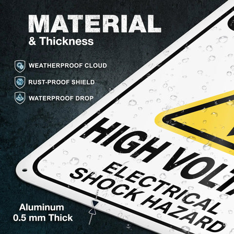 Heavy Duty High Voltage Danger Sign 7X10 Reflective Aluminum Plate 2 Pack Rust Resistant Electrical Warning Labels Industrial Grade Built Tough As Nails Zero Hassle Setup with water droplets and details on thickness.