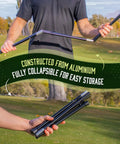 Workhorse Aluminum Golf Bag Stand Attachment With Slick Folding Legs that shows a collapsible holder in hand, ideal for easy storage.