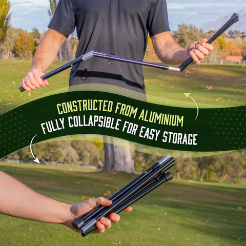 Workhorse Aluminum Golf Bag Stand Attachment With Slick Folding Legs that shows a collapsible holder in hand, ideal for easy storage.