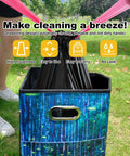 Portable Camp Toilet Kit With 30 Pack Absorbent Gel Pellets And 30 Drawstring Bags in use with blue container outdoors