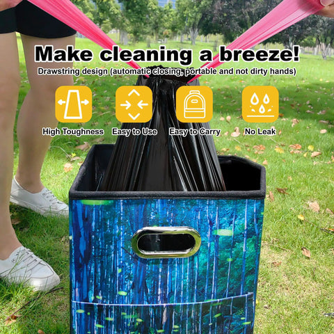 Portable Camp Toilet Kit With 30 Pack Absorbent Gel Pellets And 30 Drawstring Bags in use with blue container outdoors
