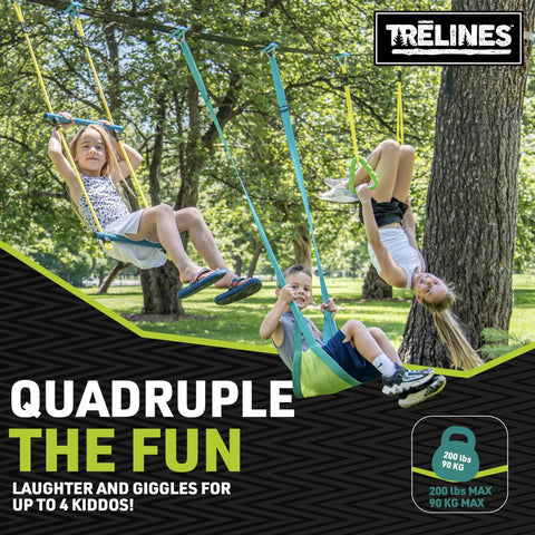 Kids playing on Backyard Gymnastics And Swing Set Kit With 36 Ft Slackline, Monkey Bars, Two Swings in a sunny park