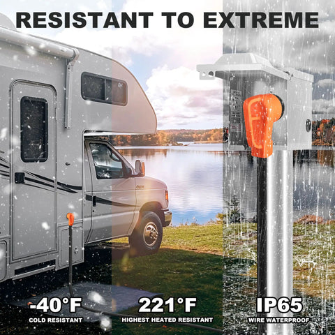 30 Foot 50 Amp RV Extension Cord With Grip Handle shown next to an RV, highlighting cold and heat resistance and waterproof features.