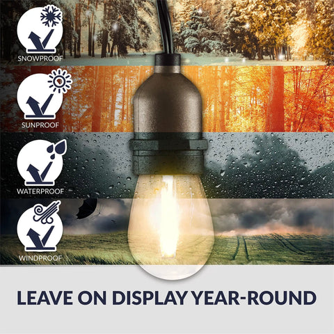 Close-up of Outdoor LED String Lights with Weatherproof Design, showing bulb amidst seasonal backgrounds