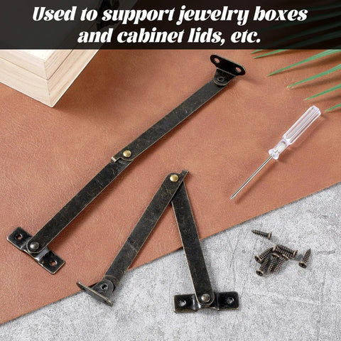 Two Pack Bronze Lid Support Hinges For Jewelry Boxes And Small Chests Antique Folding Lid Stays For Cabinets Cupboards And Wooden Boxes Durable Iron With Bronze Finish Includes Screws And Mini Screwdriver