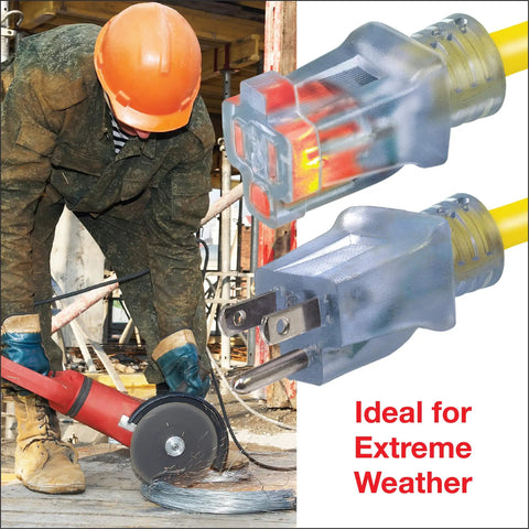 50 Ft 10/3 SJTOW Extra Heavy Duty Contractor Grade Extension Cord With Power Indicator Light, Oil Water Weather And Kink Resistant, Flame Retardant, Yellow, 3 Prong Grounded Plug For Outdoor Use CP10175