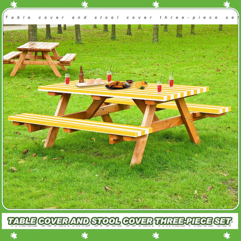 Stripe Picnic Table Cover Set With Bench Covers 72 X 30 Inch Fitted Waterproof Vinyl Tablecloth for 6 Ft Tables Elastic Edges