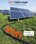 Solar Panel Wire Kit 50 Ft Black And 50 Ft Red, 10 AWG PV Tinned Copper Extension Cable laid out in a field with solar panels.