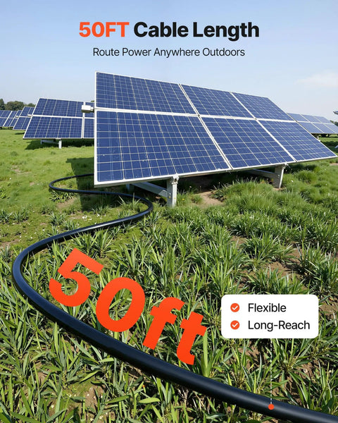 Solar Panel Wire Kit 50 Ft Black And 50 Ft Red, 10 AWG PV Tinned Copper Extension Cable laid out in a field with solar panels.