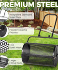 24 Inch Lawn Roller And Compost Spreader With Double Side Latches And Steel Mesh Basket For Top Dressing And Seedling Versatile Lawn Care Tool For Garden Farm Or Park Black Finish, showcasing design details with premium features in garden setting.