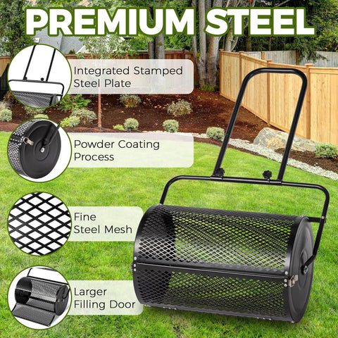 24 Inch Lawn Roller And Compost Spreader With Double Side Latches And Steel Mesh Basket For Top Dressing And Seedling Versatile Lawn Care Tool For Garden Farm Or Park Black Finish, showcasing design details with premium features in garden setting.