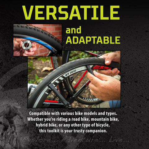 Hands using spoke wrench and tire lever from Everyday Ride Ready 21 Piece Bicycle Repair Tool Kit Set on a road bike wheel.