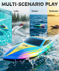 Two Pack 10 Inch RC Boats With LED Lighting Effects, 120 Minute Run Time, 15 KPH Speed, Ideal For Pool Or Lake Fun, Red and Blue