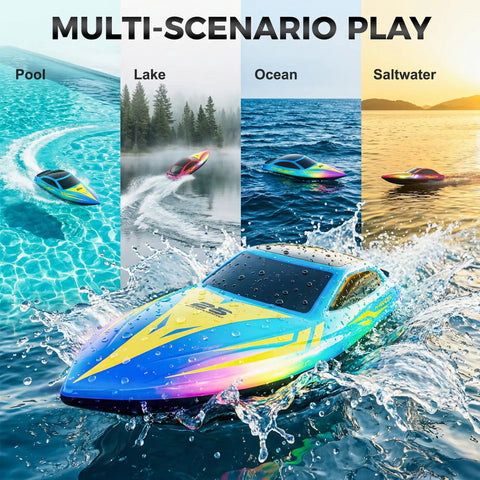 Two Pack 10 Inch RC Boats With LED Lighting Effects, 120 Minute Run Time, 15 KPH Speed, Ideal For Pool Or Lake Fun, Red and Blue