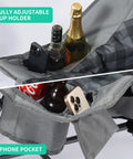 Beast Mode Double Camping Chair with adjustable cup holders and phone pocket, showing drinks and phones stored securely.