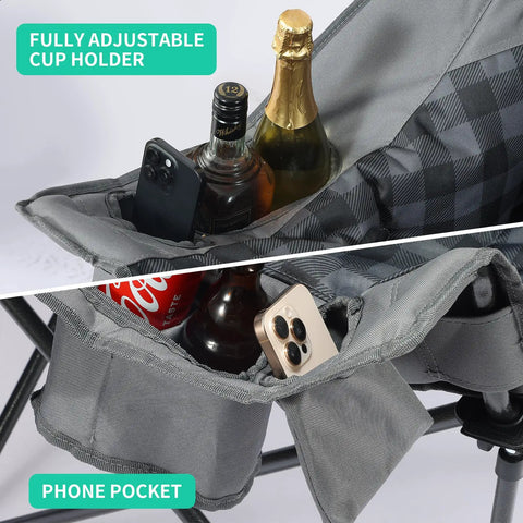 Beast Mode Double Camping Chair with adjustable cup holders and phone pocket, showing drinks and phones stored securely.