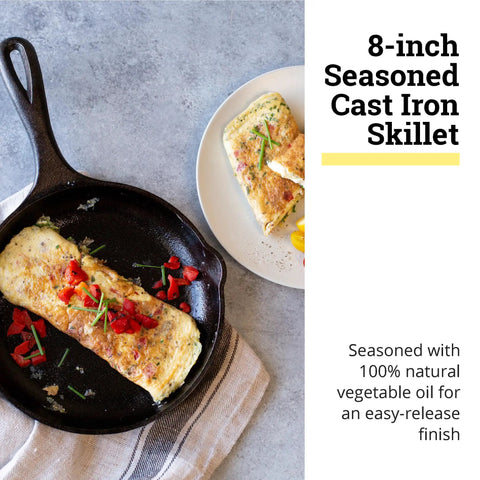8 Inch Cast Iron Skillet With Ergonomic Handles For Easy Grip And Spatula Friendly Sides Built For Superior Heat Retention And Even Sear Every Time Durable Cookware For Stove Oven Or Camp Kitchen Game Day Ready A Must Have For Real Home Chefs with omelette