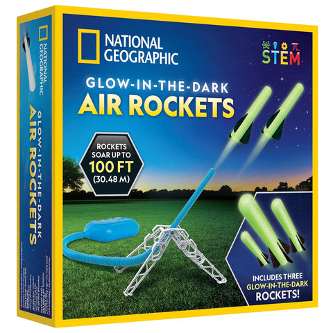 Packaging of Air Rocket Launcher Kit With Glow In The Dark Foam Rockets Up To 100 Feet Kid Powered Outdoor STEM Toy For Ages 8 To 12