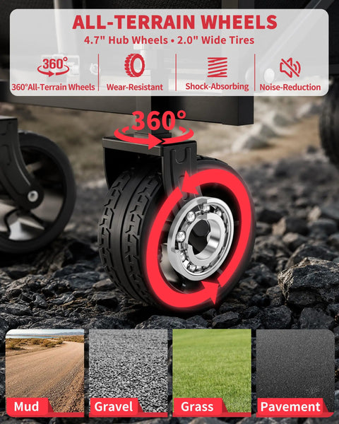 All-terrain wheels of 34 Inch Extra Long Foldable Wagon With All Terrain Wheels, 260 Lb Capacity, showing on gravel surface
