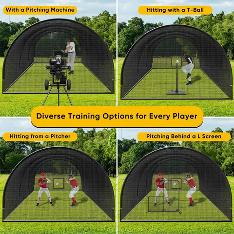 Backyard Ready Baseball And Softball Batting Cage With Enclosed Net And 12 By 12 Pitching Hole, diverse training options displayed