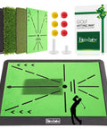 All-In-One Golf Hitting Mats Trainer with interchangeable turf, golf balls, tees, green mat with silhouette, packaging shown