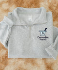 Embroidered Pharmacist Quarter Zip Sweatshirt With Rx Symbol Custom Pullover For Pharmacy Tech Or Student folded on fur