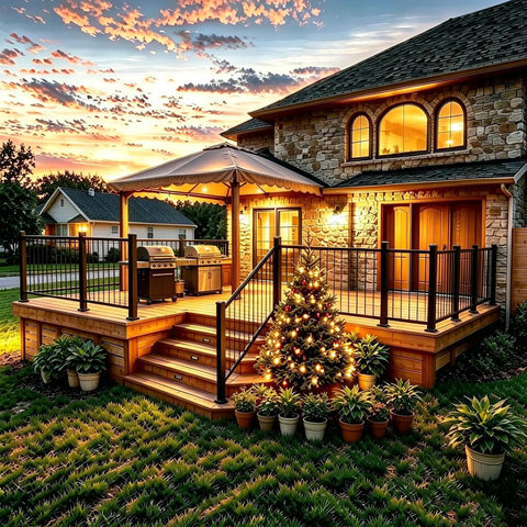 Top Shelf Deck Railing Kit For Patios And Balconies With Post 36 Inch Height And 3 Feet Wide Durable Outdoor Porch Guardrail featuring a warm sunset on a deck.