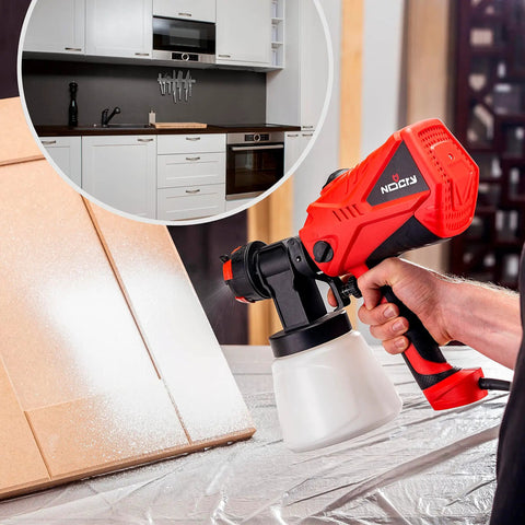 Handheld HVLP Spray Gun With Adjustable Airflow And 600W Power For Home Projects Three Spray Patterns And Four Nozzles Includes DIN Cup Cleaning Brush And Pin For No Fuss Interior Or Exterior Painting used on cardboard with kitchen view