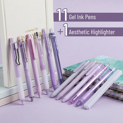 Pastel Purple Gel Pen Set 12 Pack With One Matching Highlighter Black Ink 0.5mm Fine Point Smooth Gel Pens For Journaling School And Office Aesthetic Girly Stationery displayed with journal and notebooks.