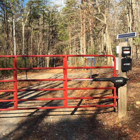 Red gate with Lockable Weatherproof Battery Box Kit With Two 12V 7.0Ah Batteries, Harness, And Post Mount, solar panel setup