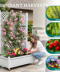 All Weather Raised Garden Bed With Trellis And Privacy Screen On Wheels, woman tending flowering plants, outdoor patio