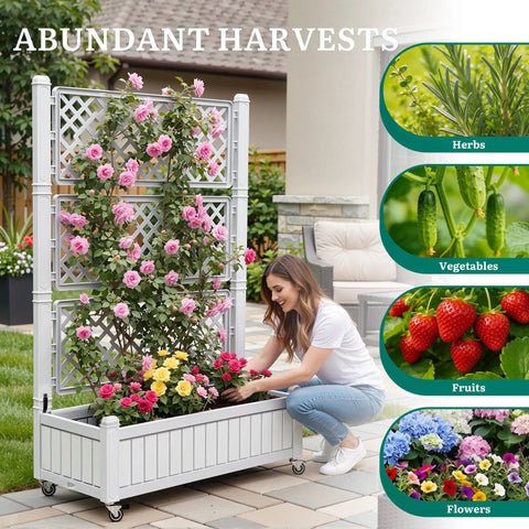 All Weather Raised Garden Bed With Trellis And Privacy Screen On Wheels, woman tending flowering plants, outdoor patio