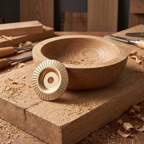 Duper Smooth 6pc Angle Grinder Wood Carving Discs With Vibration Reduction High Elastic Cushion For Easy Shaping Polishing And Grinding Long Sessions placed beside a wooden bowl.