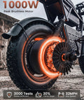 Close-up of R6mini 1000W Fat Tire Electric Bike motor and tire showcasing power and stability features.