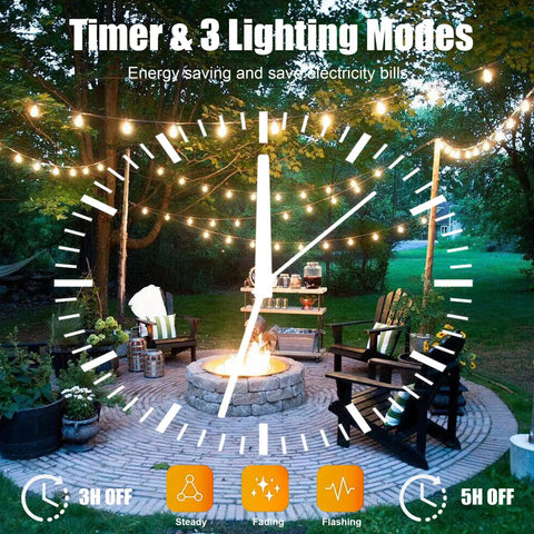 100-Foot Outdoor String Lights With 54 Shatterproof Edison S14 Bulbs illuminating patio with fire pit and chairs