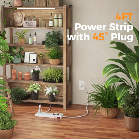 No Fuss Heavy Duty Mechanical Timer Surge Protector Power Strip With Eight Outlets And Four Always On Plugs For Daily Household Scheduling Plus Four Foot Extension Cord Indoors And Slick Toggles on a wooden floor near plants.