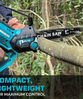 Person using 8 Inch Cordless Pruning Chainsaw With Auto Oiler, Brushless 800W Motor on tree branch, compact design visible