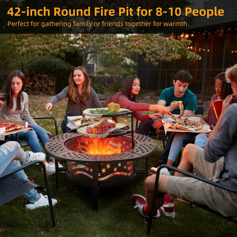 Big 42 Inch Outdoor Fire Pit With Two Grills For Wood Or Charcoal Burning in use during an outdoor gathering with people around it