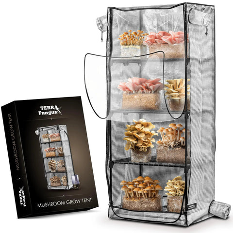 Compact Indoor Mushroom Grow Tent Cabinet with visible monotub setups for home cultivation, featuring a portable mini greenhouse.