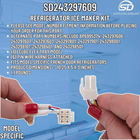 Model Specific Refrigerator Ice Maker Replacement For 243297609 And 243297613, Not Universal, showing 6 pin harness